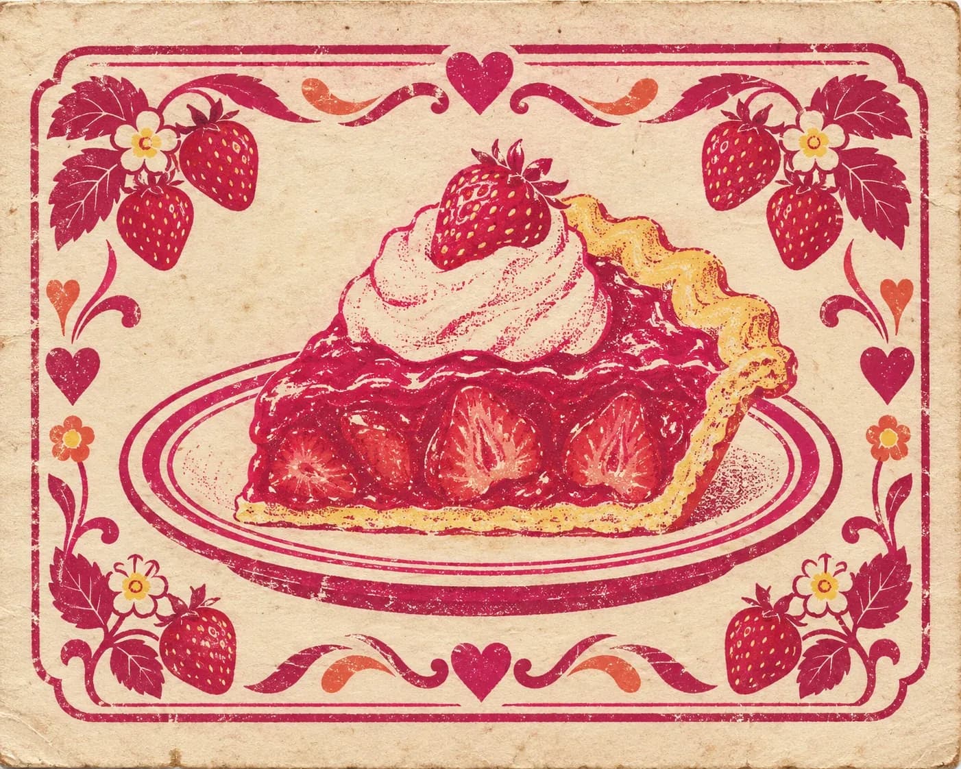 Archival menu art of a strawberry pie