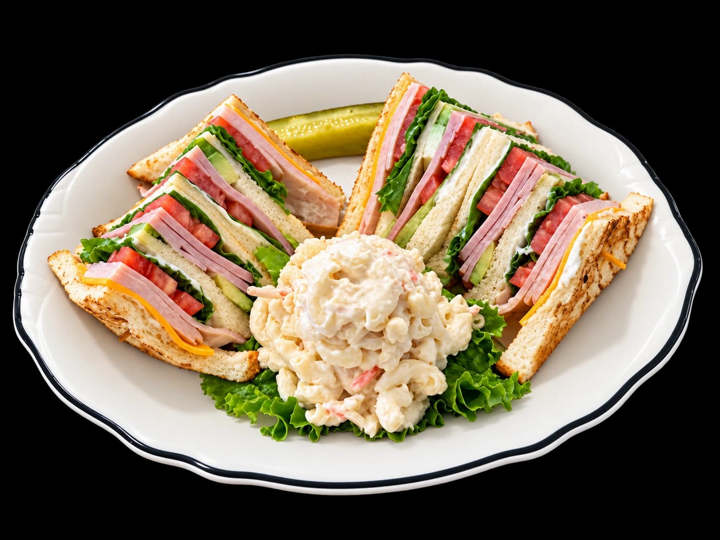 Club House sandwich quarters with ham, turkey, tomato, lettuce and avocado, with macaroni salad and a pickle