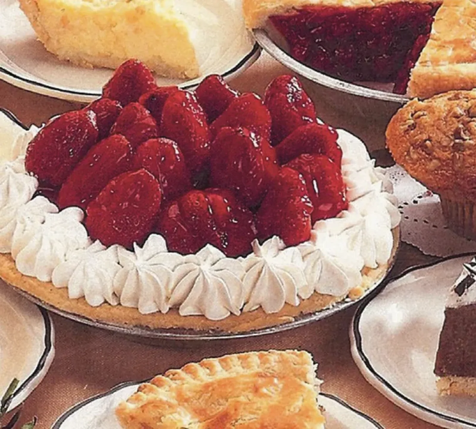An archival photograph of an Anna Miller's fresh strawberry pie