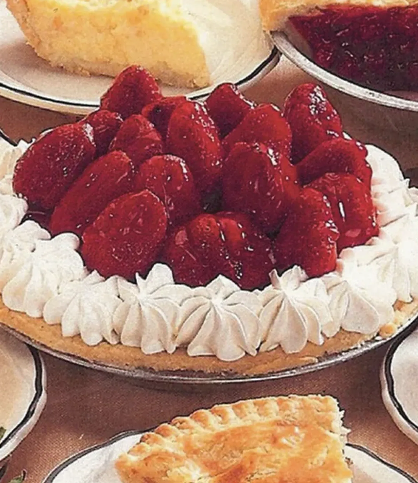 An archival photograph of an Anna Miller's fresh strawberry pie