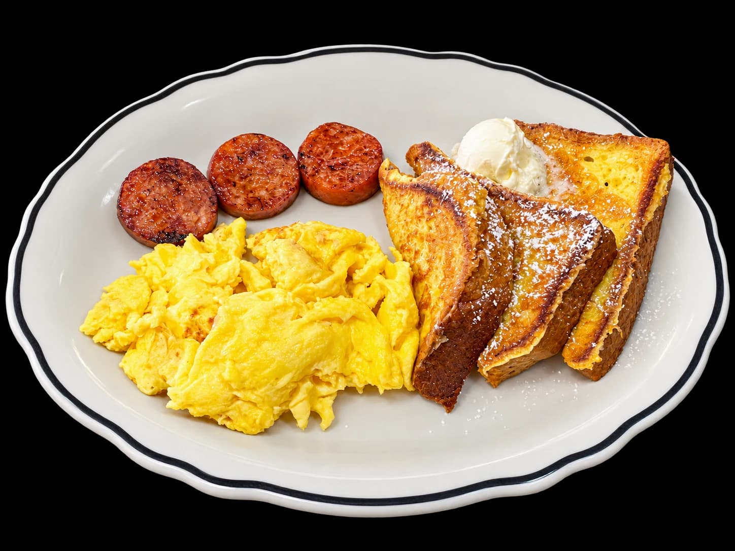 French toast, eggs and sausage