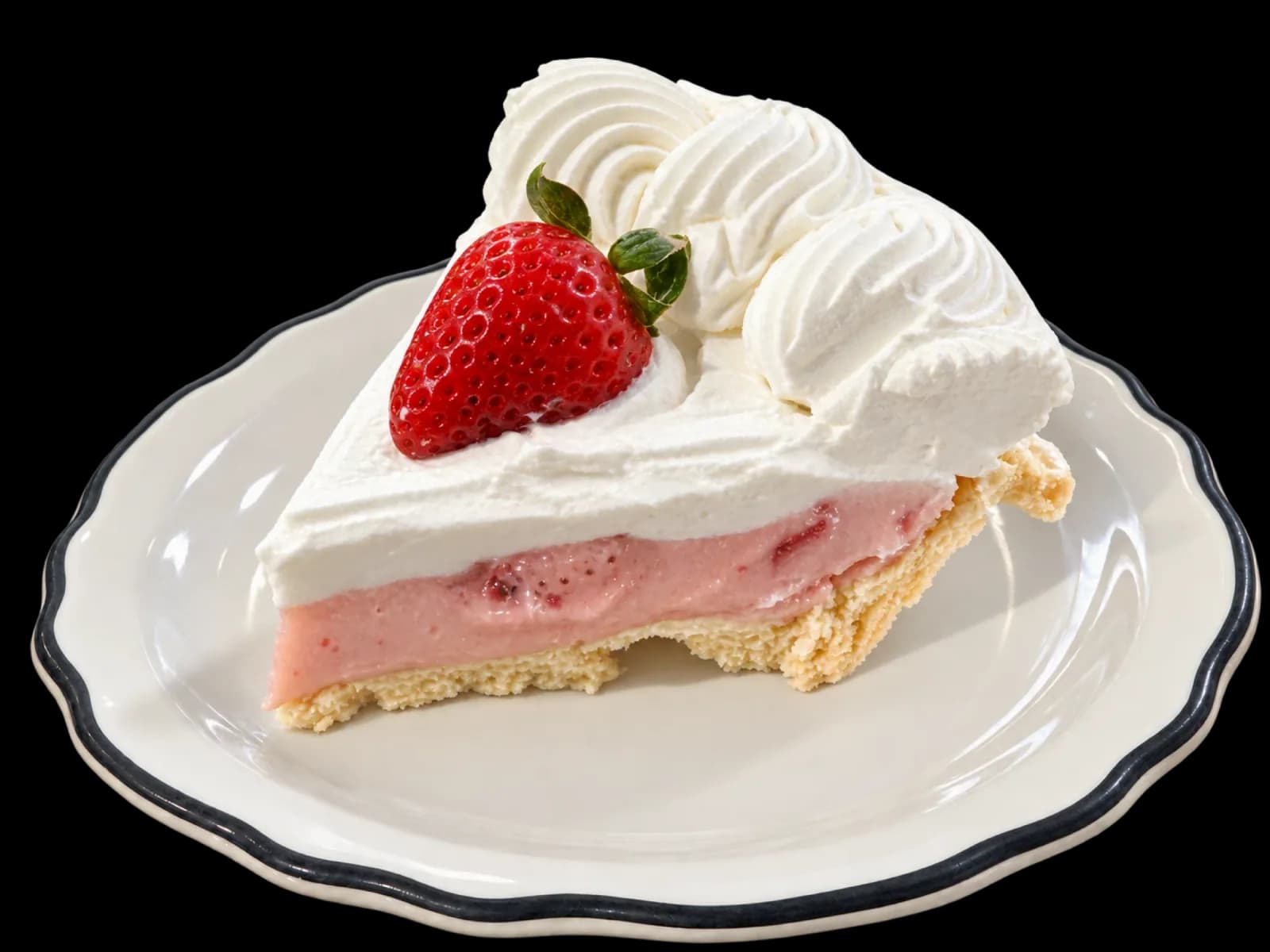 A slice of haupia strawberry pie on a black-rimmed dessert plate