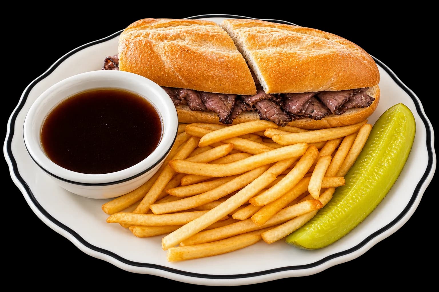 French Dip with sliced roast beef on a French roll, a cup of au jus, fries and a pickle