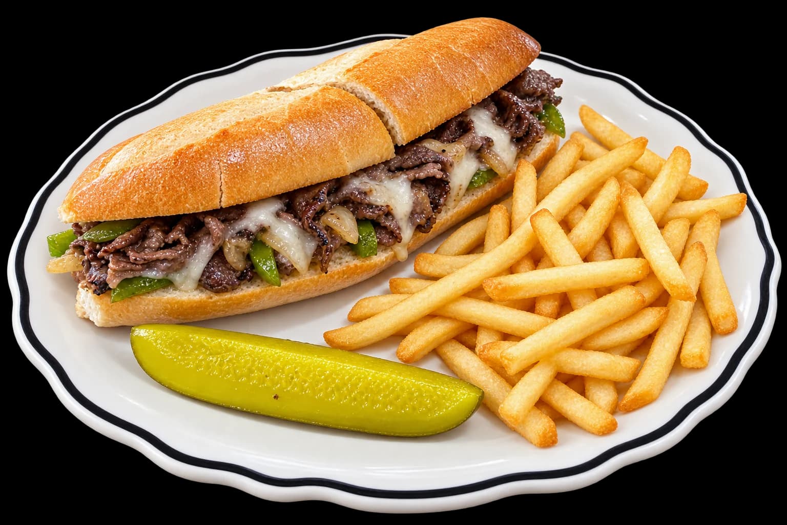 Philly Cheesesteak on a French roll with beef, green peppers, onions and melted mozzarella, with fries and a pickle