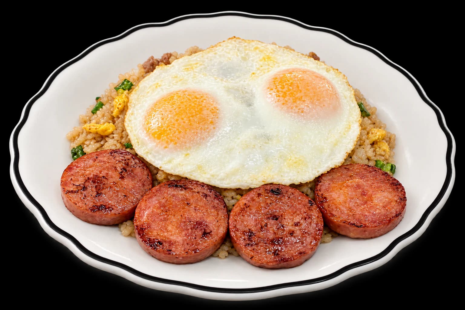 Fried rice topped with two eggs and served with grilled Spam