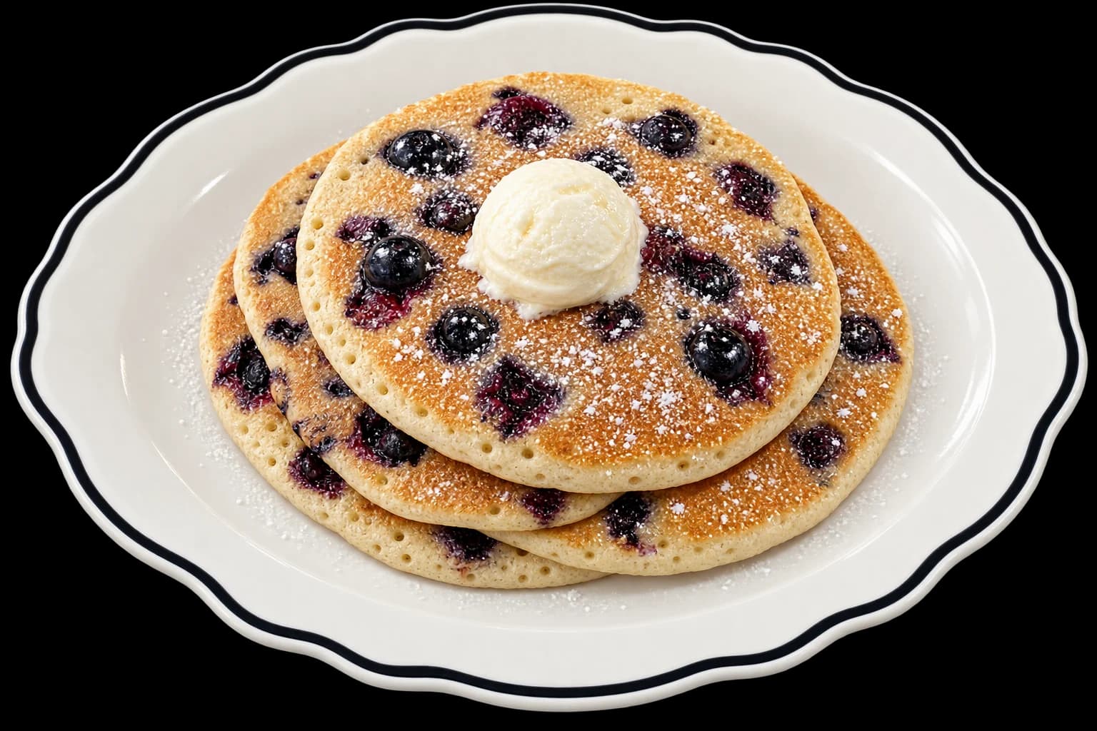 Three stacked pancakes made with fresh blueberries, berry side up, with a scoop of butter and powdered sugar