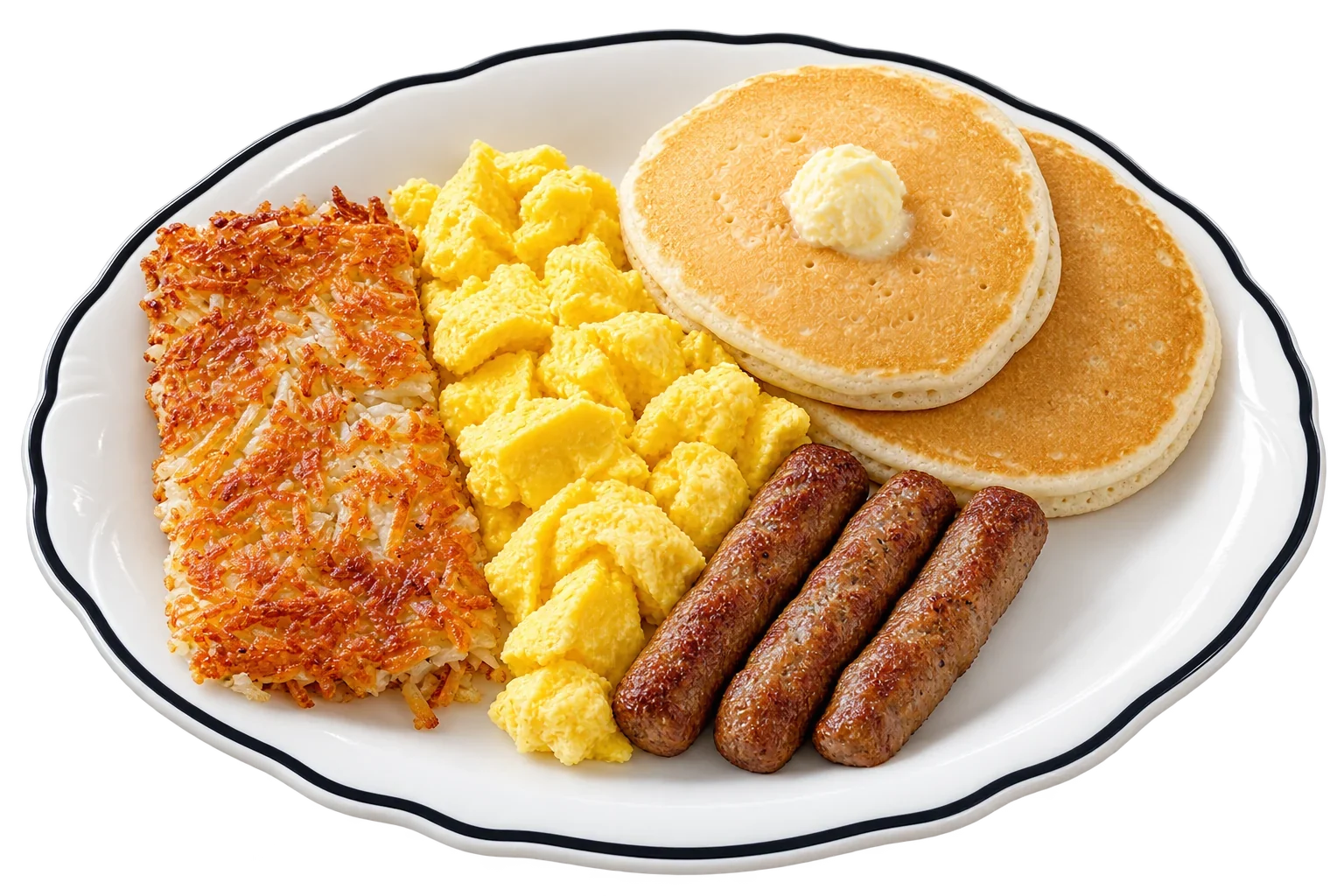 Farmer's Breakfast with two pancakes topped with whipped butter, scrambled eggs, a hash brown patty and three sausage links