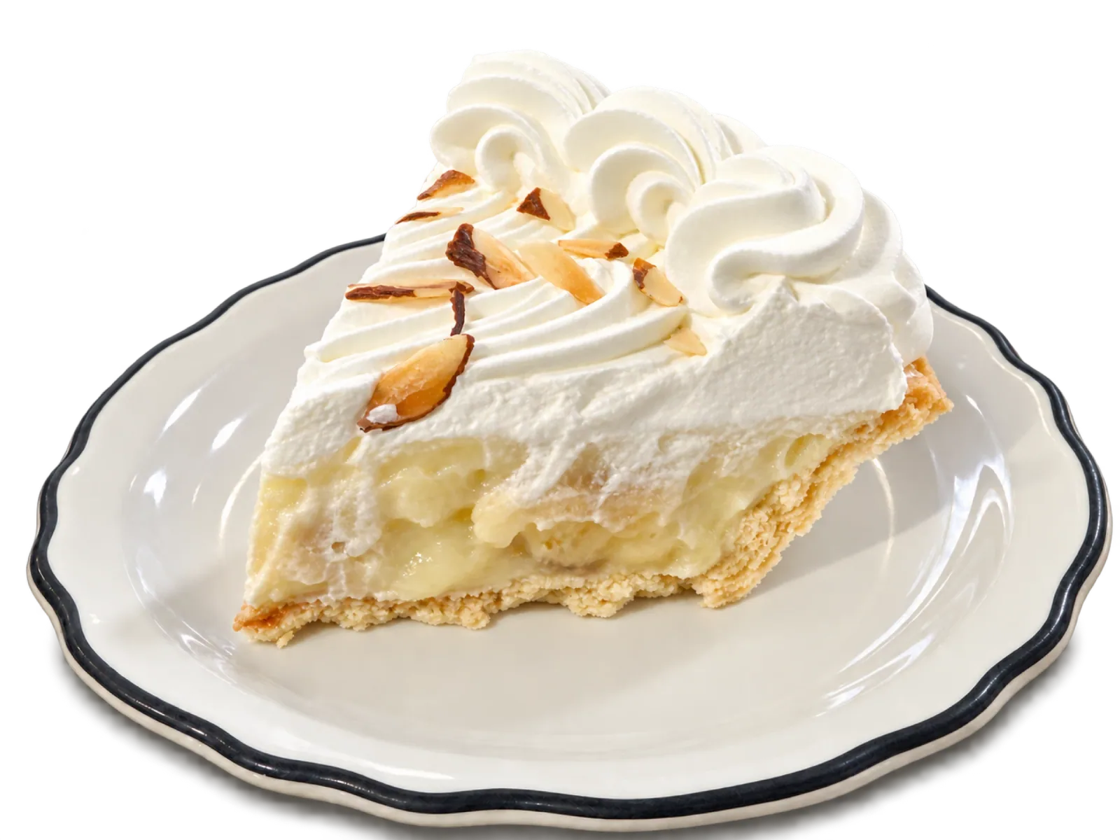 A slice of banana cream pie on a black-rimmed dessert plate