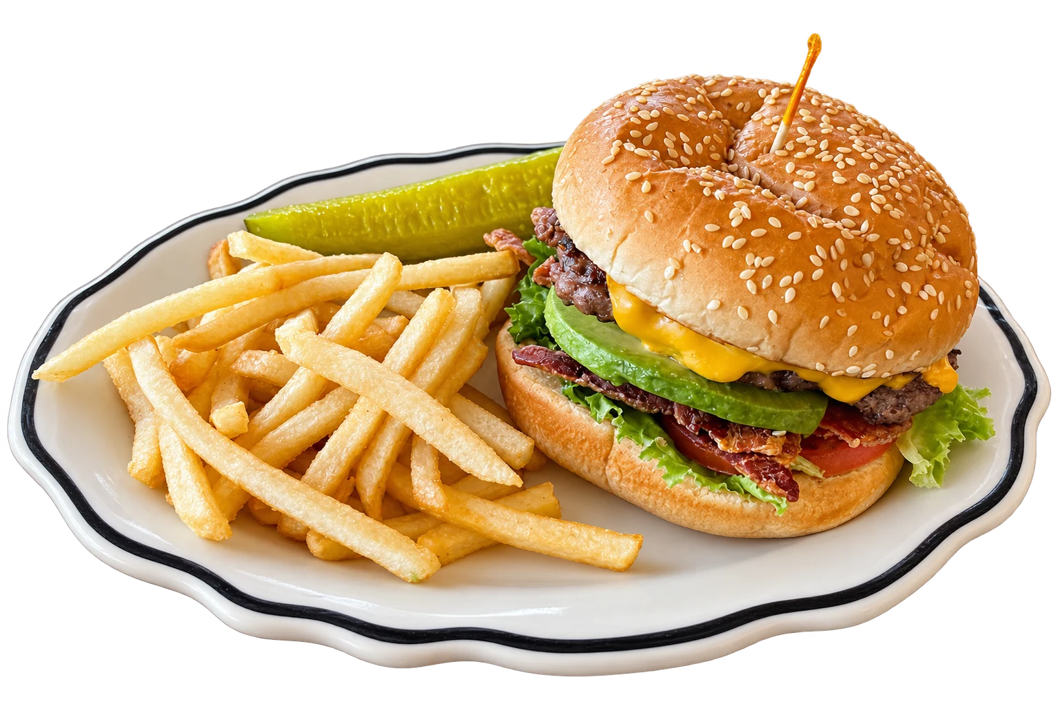 Avocado bacon burger with fries and a pickle